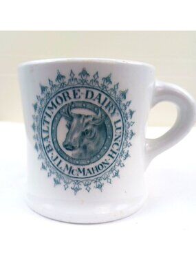 Vintage Baltimore Dairy Lunch Restaurant Ware Mug 3" Tall White Ceramic With Blu